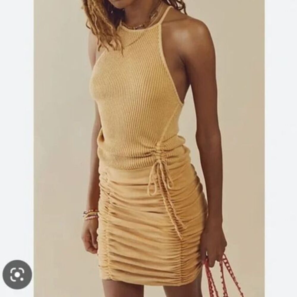 Free People Ribbed Halter Mini Dress in Mustard